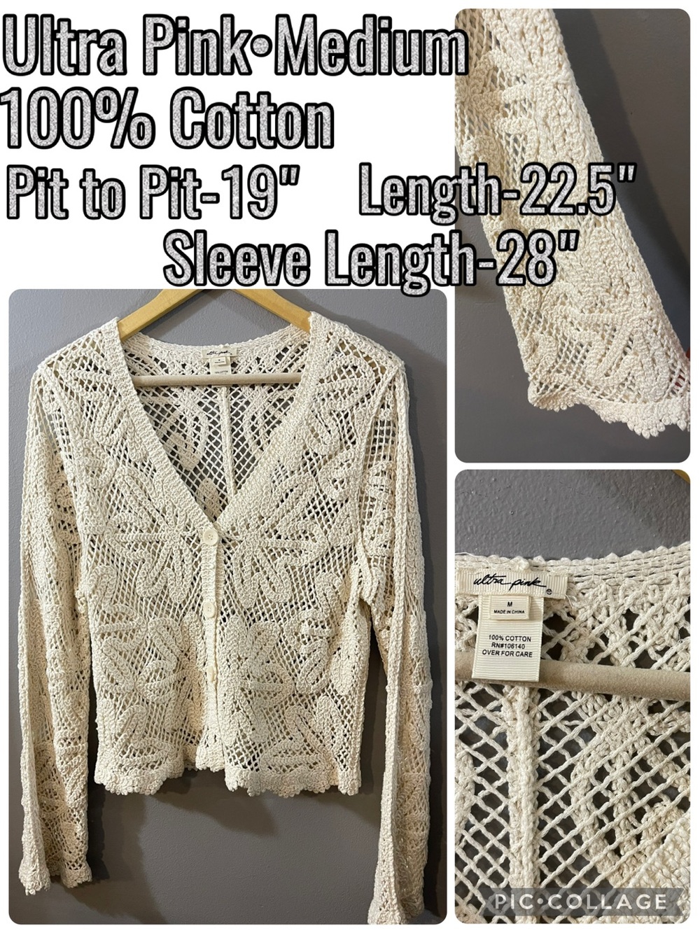 Ultra Pink Cream Crochet Cotton Cardigan